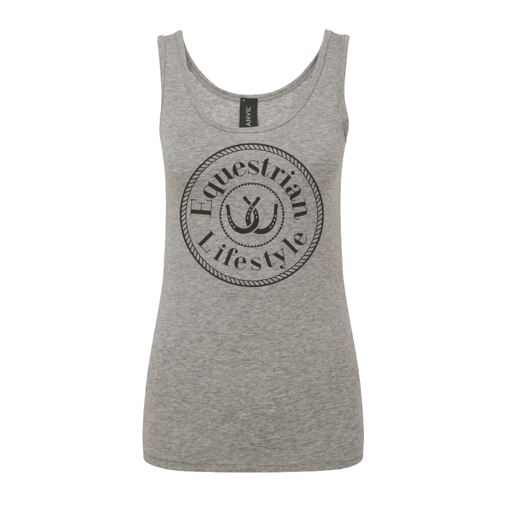 A heather gray sleeveless tank top with a black circular graphic on the chest that reads 'Equestrian Lifestyle' around a horseshoe illustration. 
