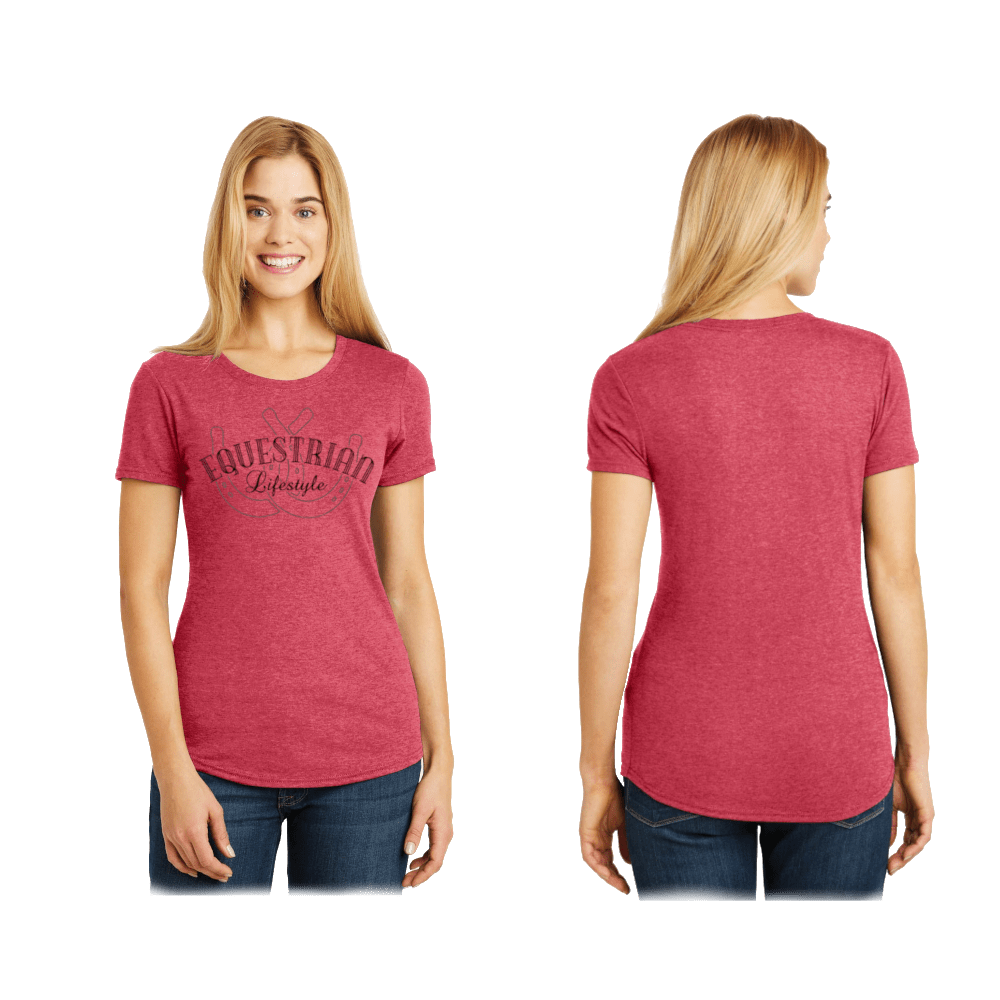 A woman modeling a heathered red short-sleeve t-shirt with a dark graphic on the front chest that reads 'EQUESTRIAN Lifestyle'. The image shows two views of the model: a front-facing view on the left and a back-facing view on the right, both against a plain white background.