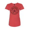 A heather red short-sleeve t-shirt with a black circular graphic on the chest that reads 'Equestrian Lifestyle' around a horseshoe symbol, shown on a plain white background.