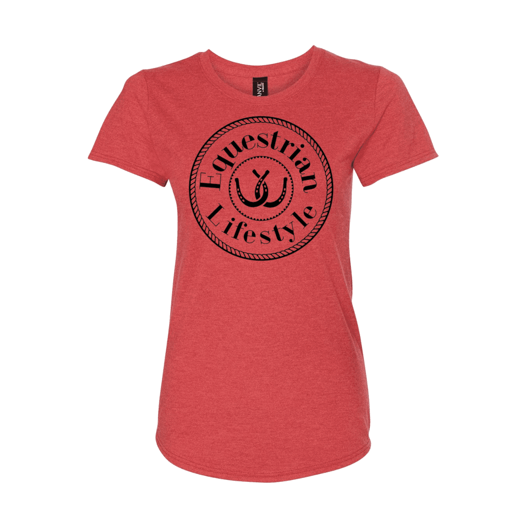 A heather red short-sleeve t-shirt with a black circular graphic on the chest that reads 'Equestrian Lifestyle' around a horseshoe symbol, shown on a plain white background.