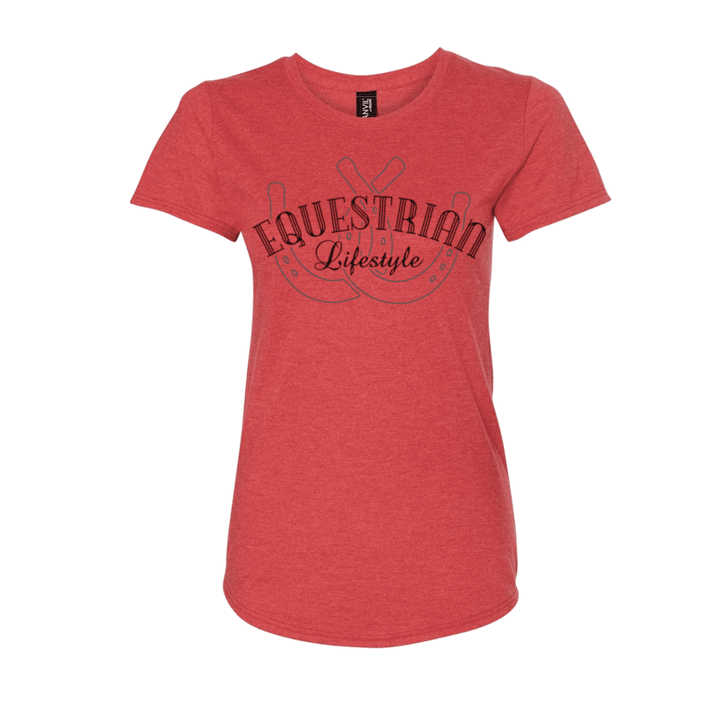 A heather red short-sleeve t-shirt with a dark red graphic on the chest reading 'EQUESTRIAN Lifestyle' over a horseshoe  design, shown on a plain white background.