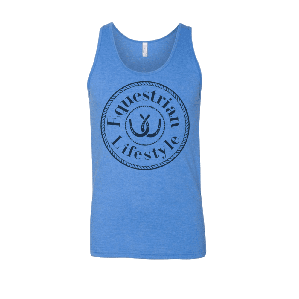 A heather blue tank top featuring a circular black graphic on the chest that reads 'Equestrian Lifestyle' with a horseshoe in the center, shown against a plain white background.