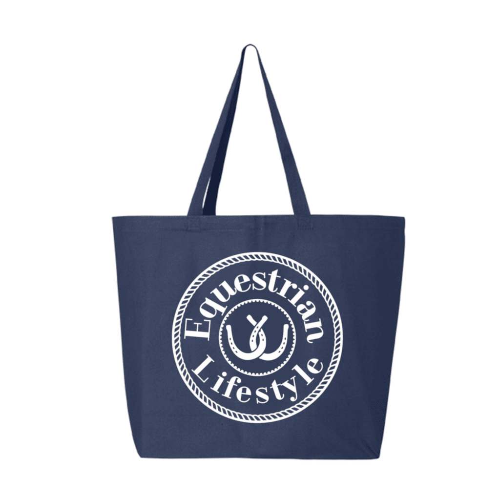A navy blue canvas tote bag with two shoulder straps, featuring a white circular graphic on the front that reads 'Equestrian Lifestyle' around a horsehoe and horseshoe design, shown against a plain white background.