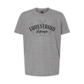 A heather gray short-sleeve crewneck t-shirt featuring a black graphic print on the chest that reads 'EQUESTRIAN Lifestyle' with horseshoes.