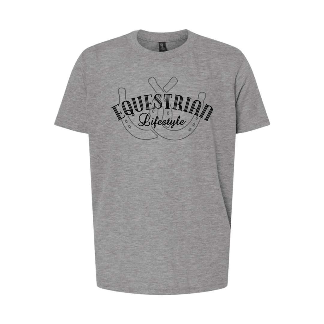 A heather gray short-sleeve crewneck t-shirt featuring a black graphic print on the chest that reads 'EQUESTRIAN Lifestyle' with horseshoes.