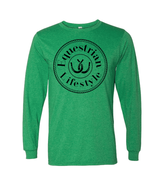 A green long-sleeve crewneck t-shirt with a black circular graphic on the chest that reads 'Equestrian Lifestyle' around a central horseshoe, shown against a plain white background.
