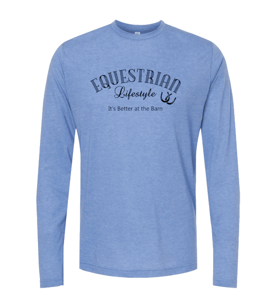 A heather blue long-sleeve t-shirt with a dark navy graphic on the chest that reads 'EQUESTRIAN Lifestyle It's Better at the Barn' with a horseshoe symbol, shown on a plain white background.