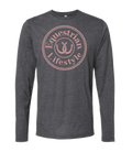 A dark heather gray long-sleeve t-shirt with a dusty rose circular graphic on the chest that reads 'Equestrian Lifestyle' around a horseshoe symbol, shown on a plain white background.