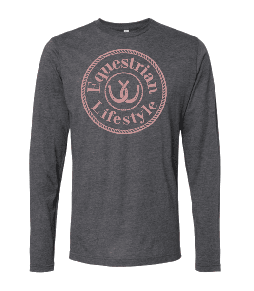 A dark heather gray long-sleeve t-shirt with a dusty rose circular graphic on the chest that reads 'Equestrian Lifestyle' around a horseshoe symbol, shown on a plain white background.