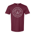 A heather maroon short-sleeve crewneck t-shirt featuring a distressed white circular graphic on the chest that reads 'Equestrian Lifestyle' with a horseshoe icon in the center.