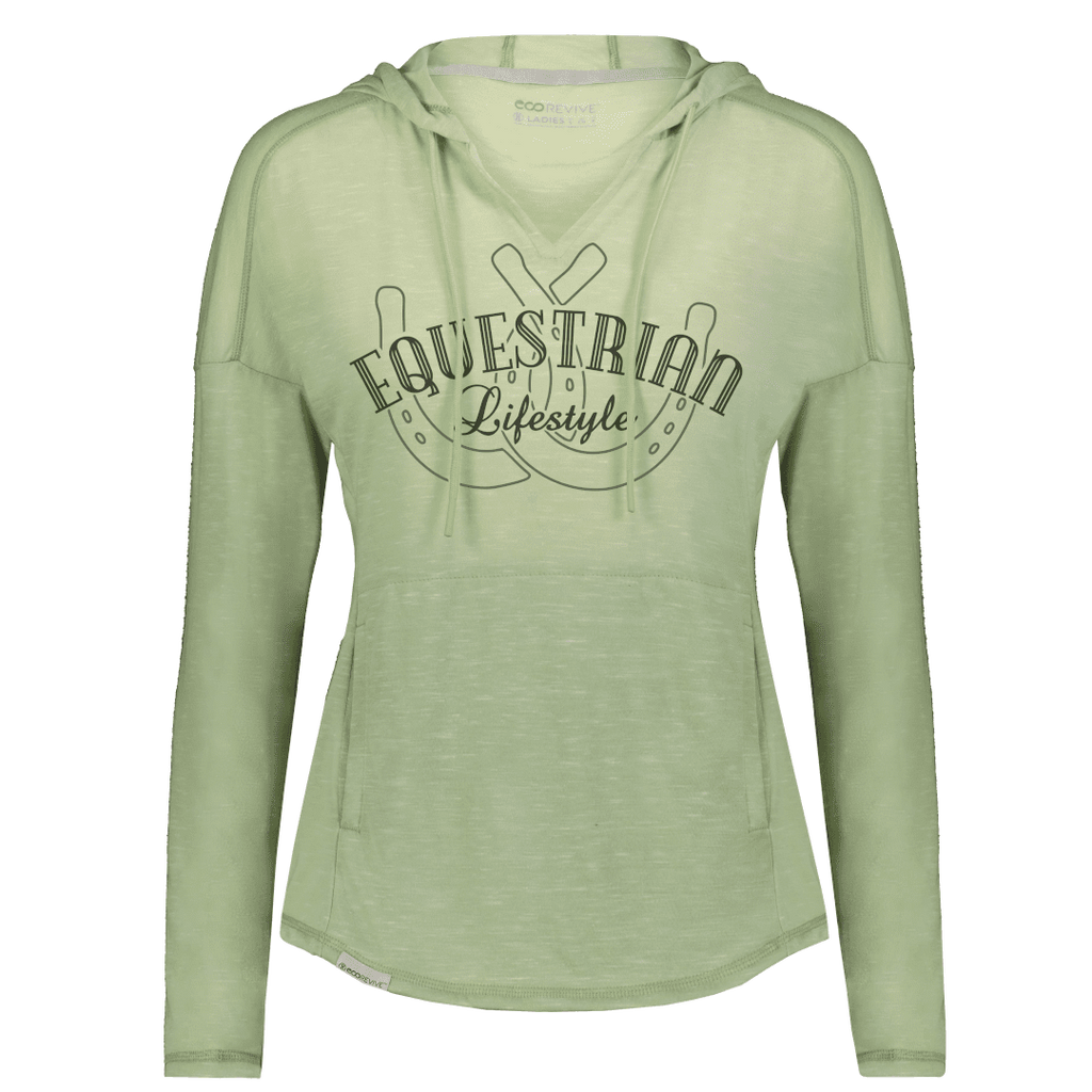 A sage green long-sleeve hoodie with a drawstring hood and a front kangaroo pocket, featuring a dark green graphic on the chest that reads 'EQUESTRIAN Lifestyle' with a horseshoe design.