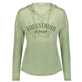 A sage green long-sleeve hoodie with a drawstring hood and a front kangaroo pocket, featuring a dark green graphic on the chest that reads 'EQUESTRIAN Lifestyle' with a horseshoe design.