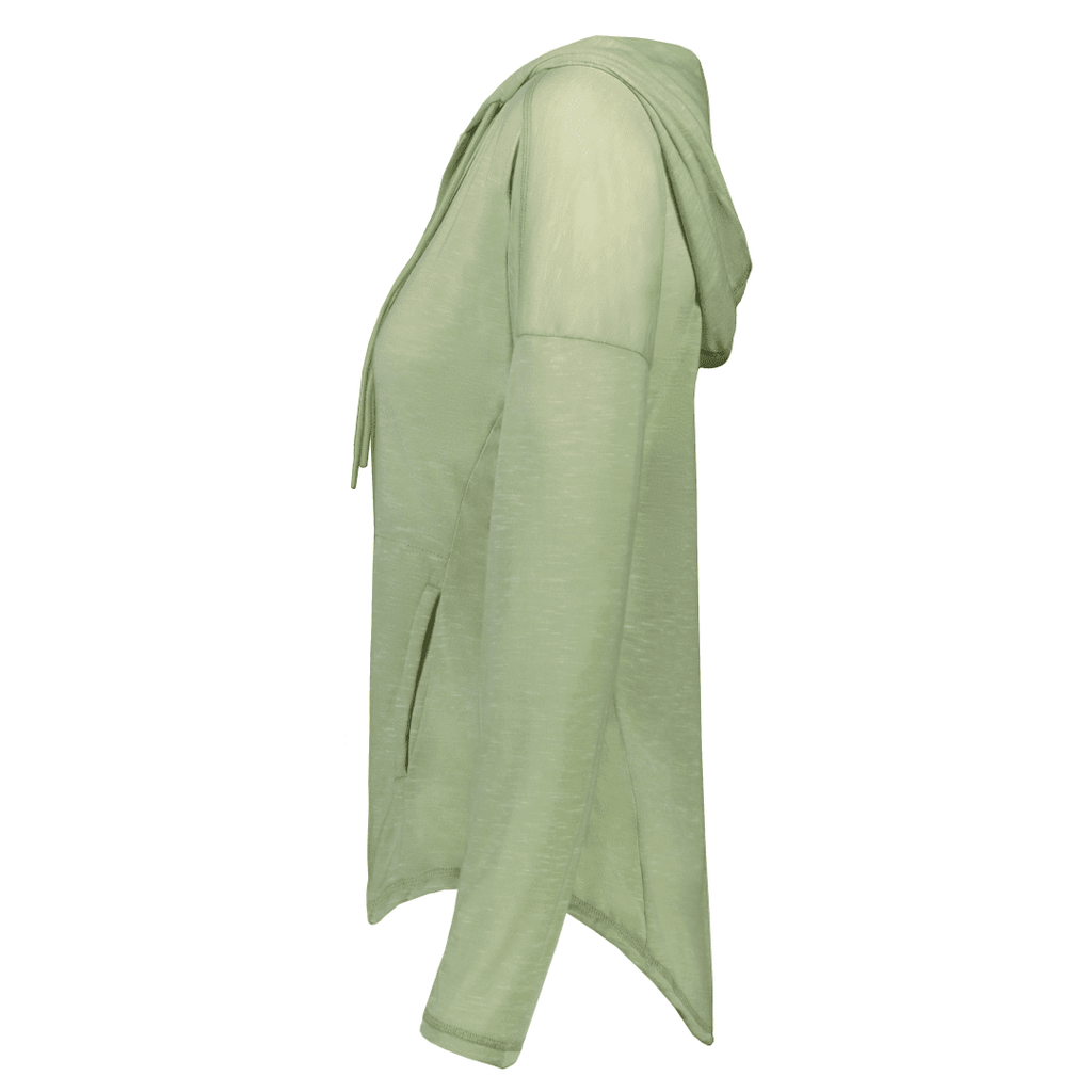 A sage green hooded cardigan or lightweight hoodie shown from the side profile against a plain white background.
