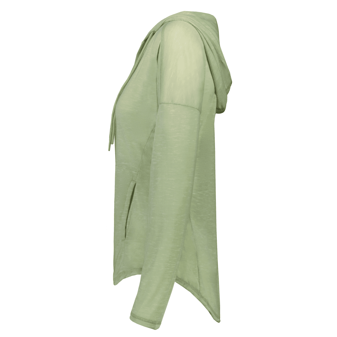 A sage green hooded cardigan or lightweight hoodie shown from the side profile against a plain white background.