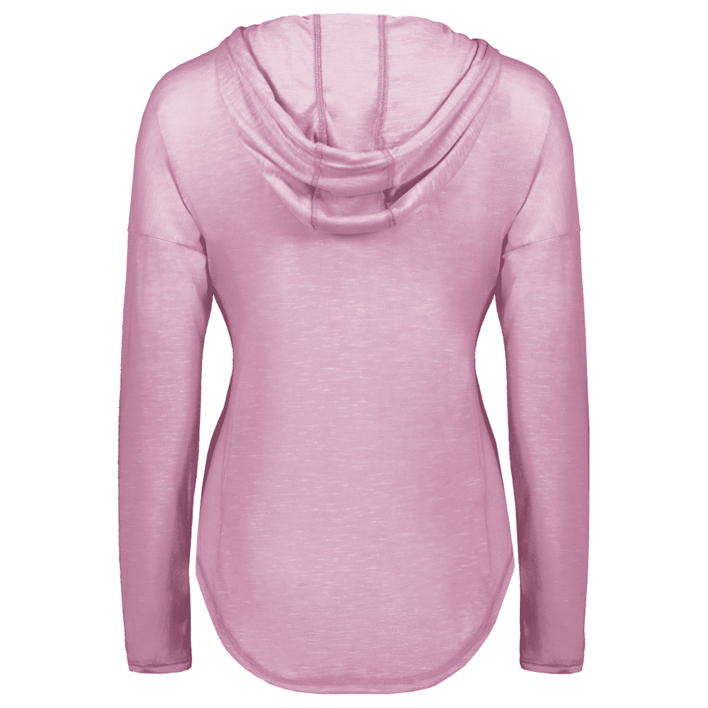 A light pink long-sleeve hooded top shown from the back, featuring a draped hood and a curved hem, displayed on a solid white background.