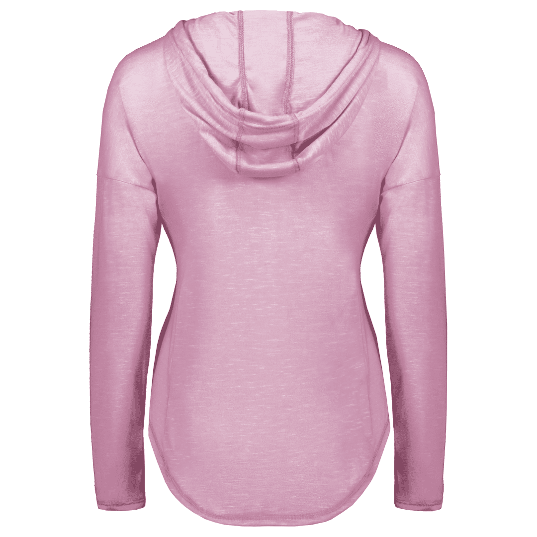 A light pink long-sleeve hooded top shown from the back, featuring a draped hood and a curved hem, displayed on a solid white background.