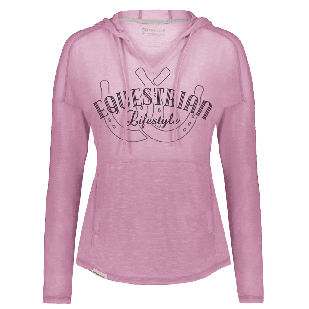 A pink long-sleeve hoodie with a drawstring hood and a front kangaroo pocket, featuring a dark graphic print on the chest that reads 'EQUESTRIAN Lifestyle' with a horseshoe design.