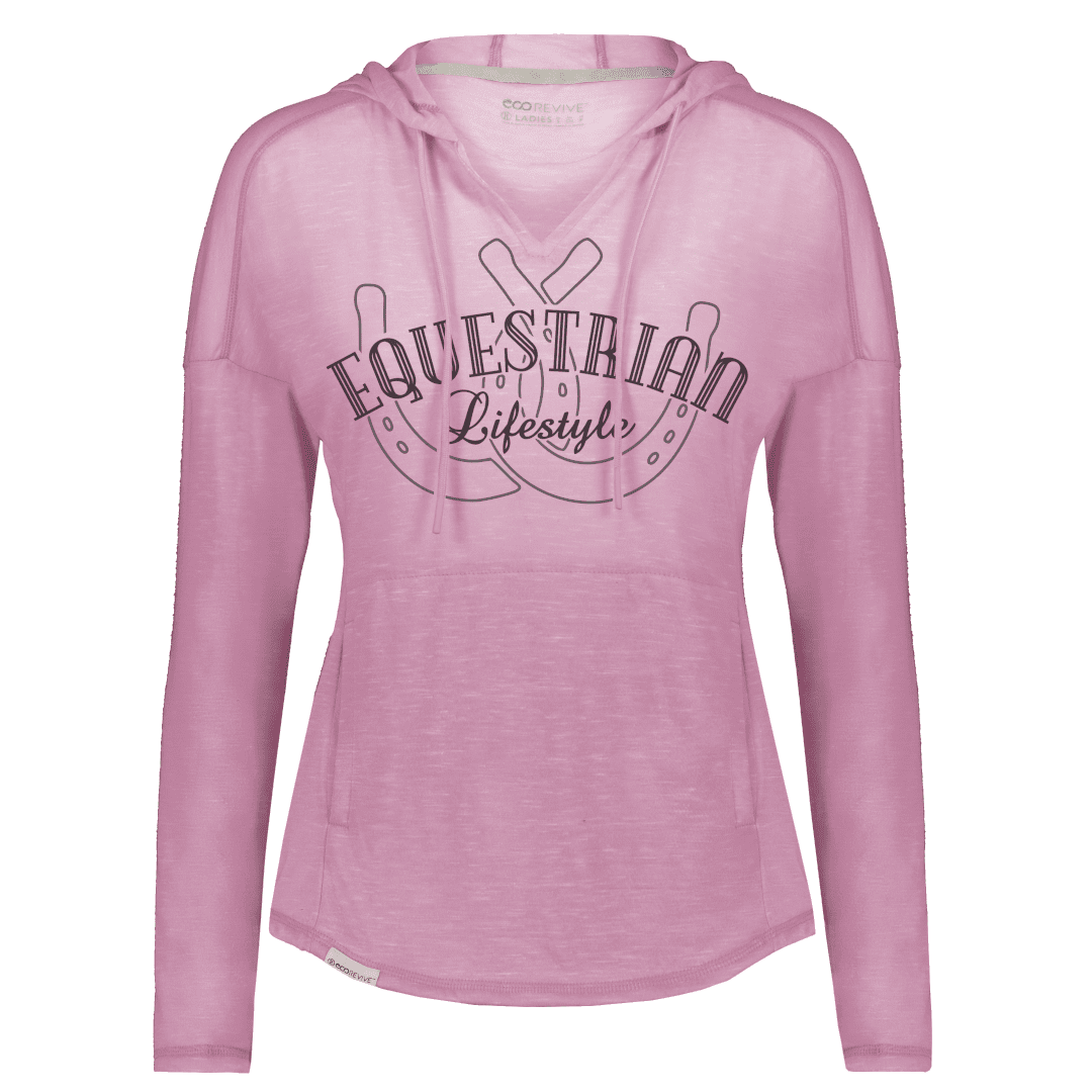 A pink long-sleeve hoodie with a drawstring hood and a front kangaroo pocket, featuring a dark graphic print on the chest that reads 'EQUESTRIAN Lifestyle' with a horseshoe design.