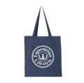 A navy blue canvas tote bag with two shoulder straps, featuring a white circular graphic on the front that reads 'Equestrian Lifestyle' with an horseshoe symbol inside.