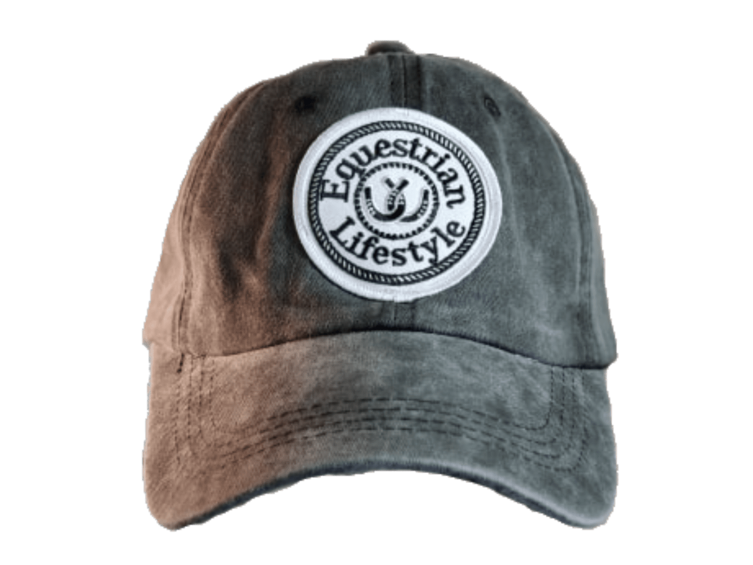 A distressed baseball cap with a brown-to-gray gradient wash, featuring a circular white embroidered patch on the front that reads 'Equestrian Lifestyle'.