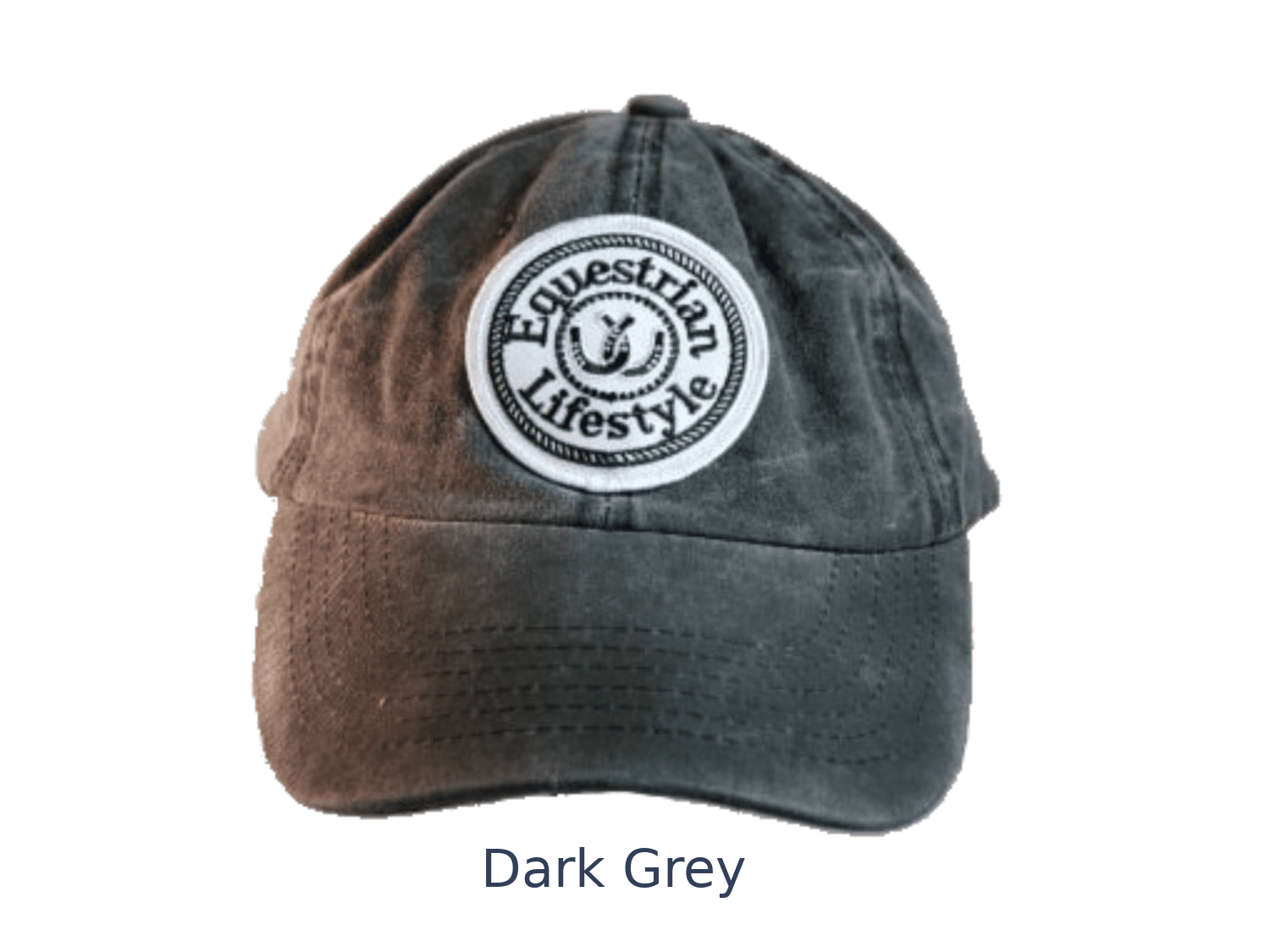A dark grey washed cotton baseball cap with a circular embroidered patch reading 'Equestrian Lifestyle' on the front, shown against a plain white background with the text 'Dark Grey' below.