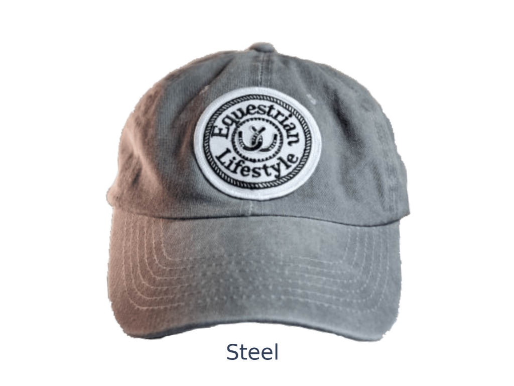 A gray baseball cap with a circular embroidered patch reading 'Equestrian Lifestyle' on the front, shown against a plain white background with the word 'Steel' below.