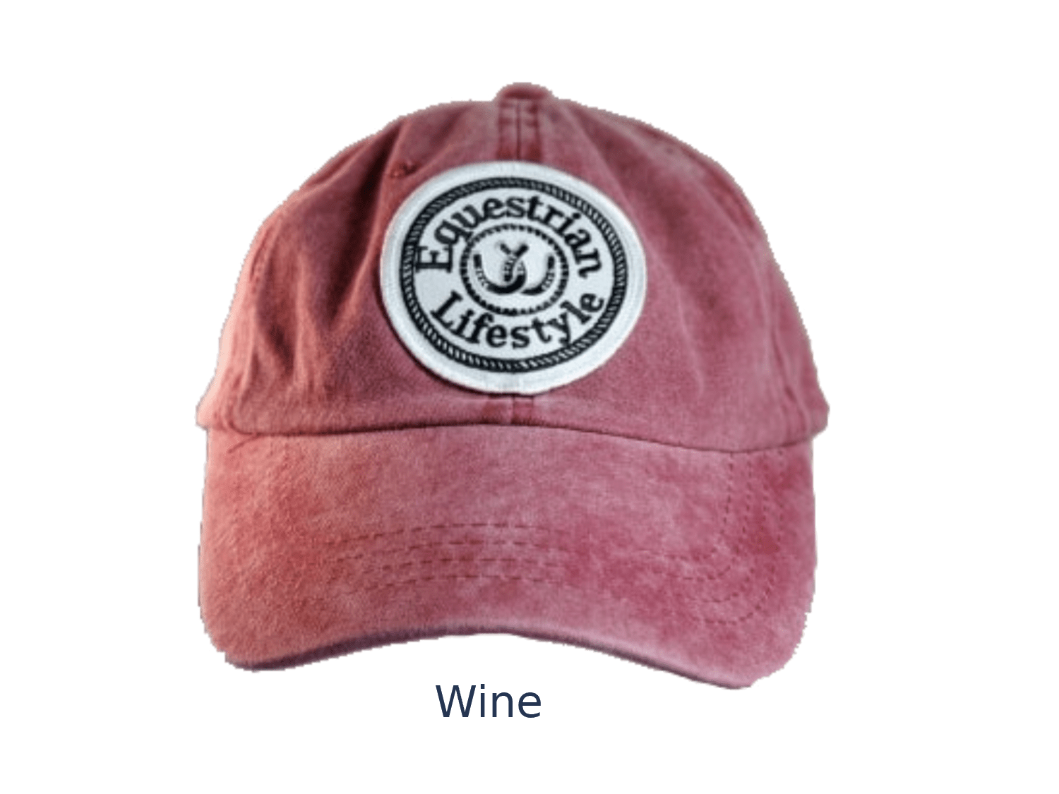 A washed dusty rose or wine-colored baseball cap with a circular white patch on the front that reads 'Equestrian Lifestyle' in black text around a small horse logo. The word 'Wine' appears below the cap on a plain white background.