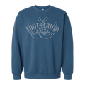 A blue crewneck sweatshirt with a white graphic on the chest featuring  two horseshoes with the text 'EQUESTRIAN Lifestyle'.