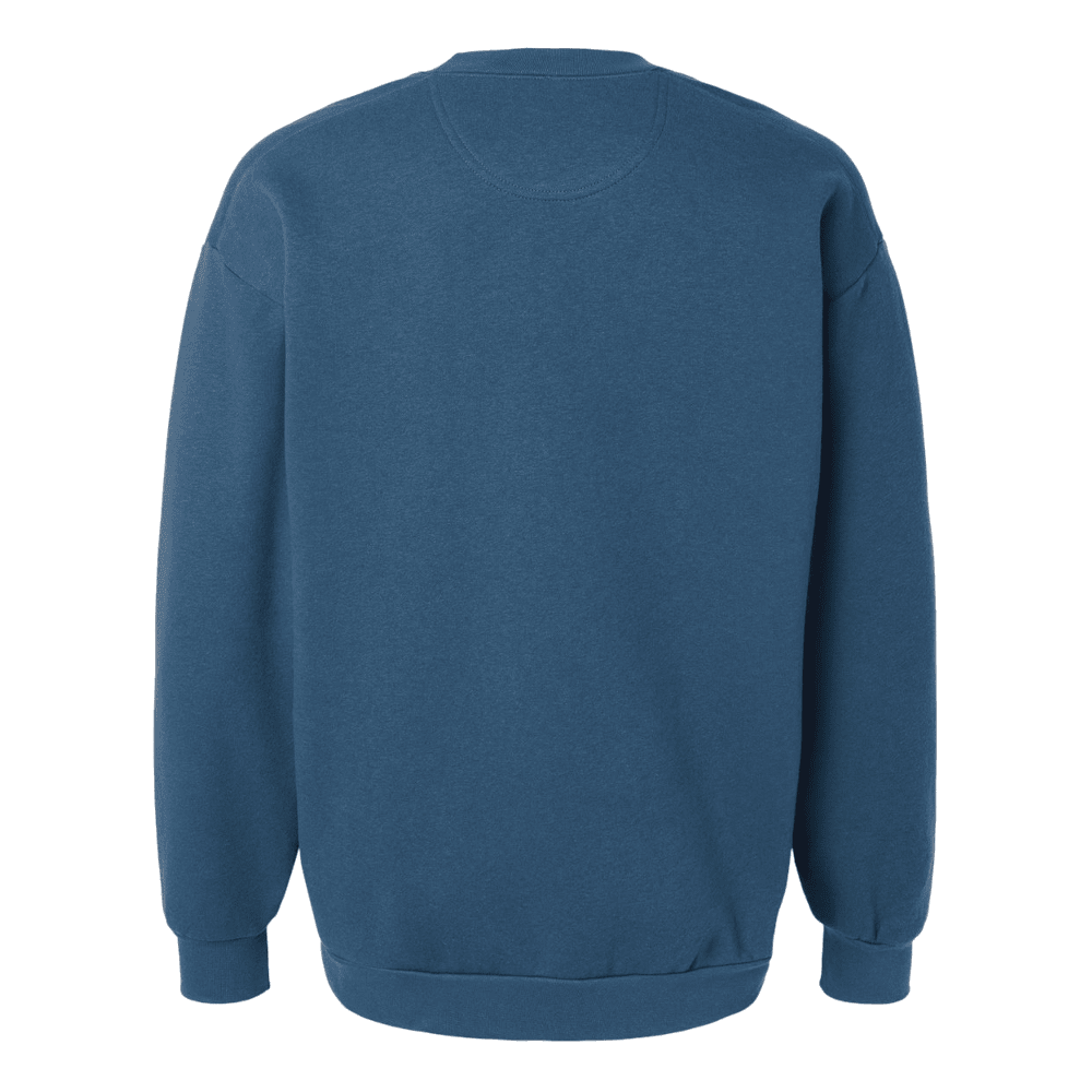 A solid slate blue crewneck sweatshirt shown from the back, photographed on a clean white background.