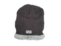 A dark gray cable-knit beanie hat with a light gray faux-fur trim and a small 'equestrian lifestyle' brand patch on the front, shown against a plain white background.