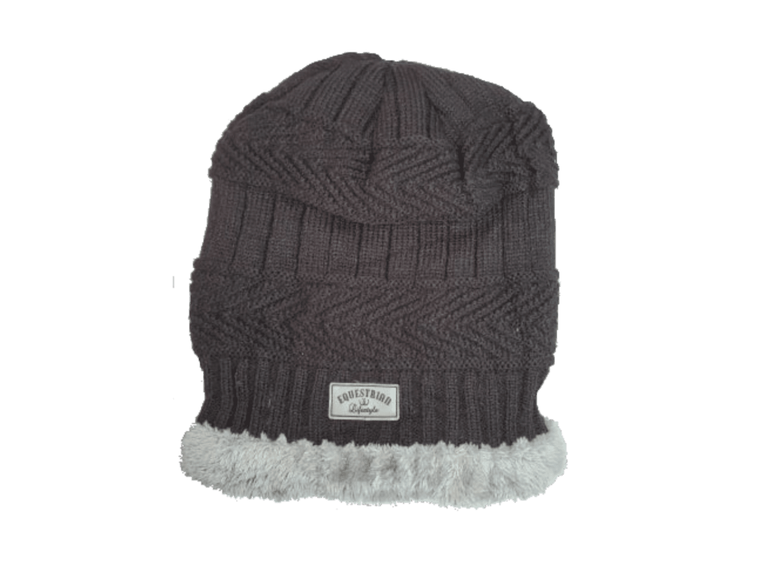 A dark gray cable-knit beanie hat with a light gray faux-fur trim and a small 'equestrian lifestyle' brand patch on the front, shown against a plain white background.