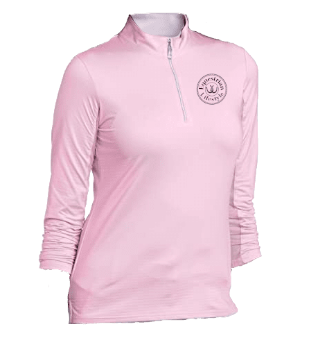 A light pink long-sleeve quarter-zip athletic top with a circular chest logo that reads equestrian lifestyle' and , shown on a plain white background.