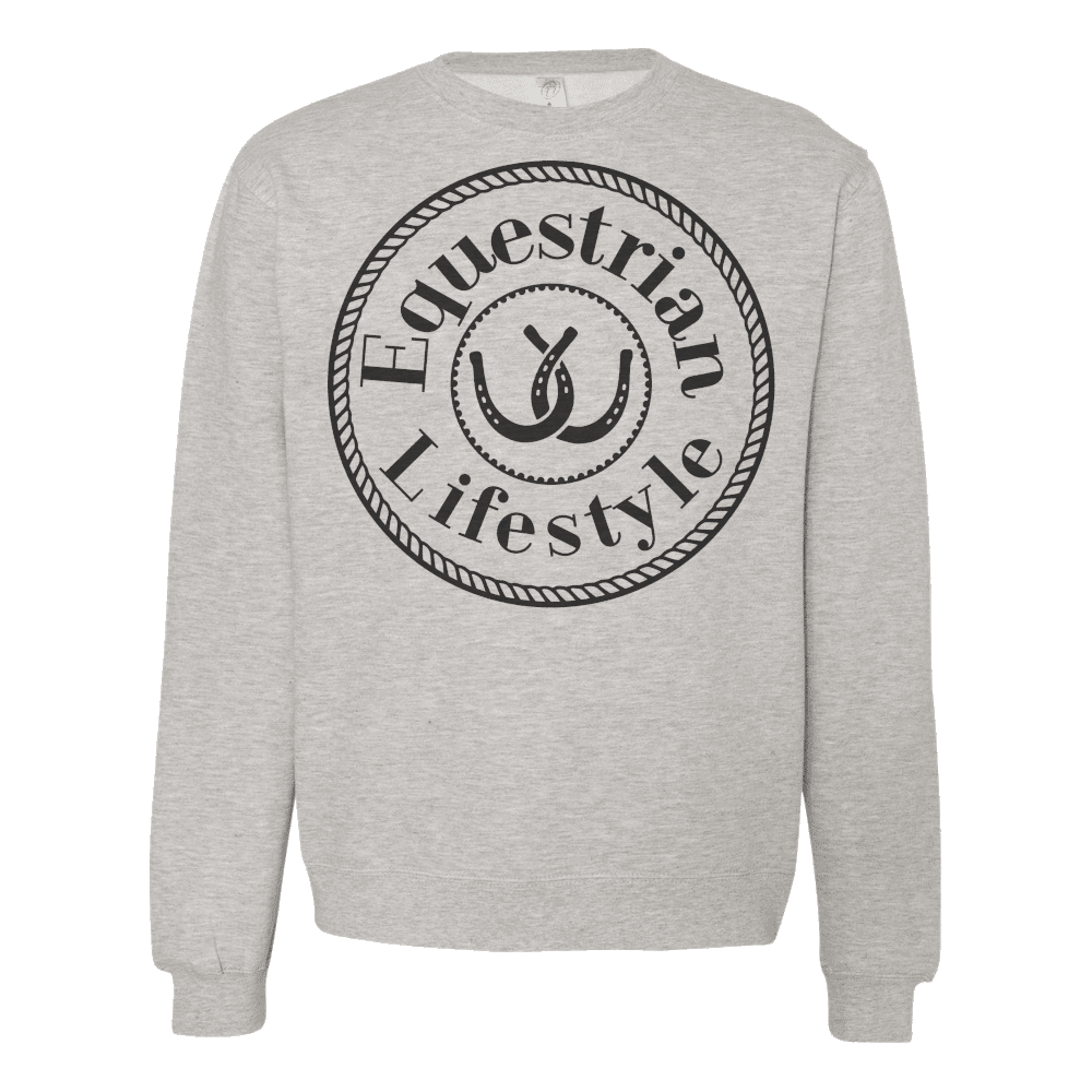 A light heather gray crewneck sweatshirt featuring a large black circular graphic on the chest with the words 'Equestrian Lifestyle' and a horseshoe and rope motif.