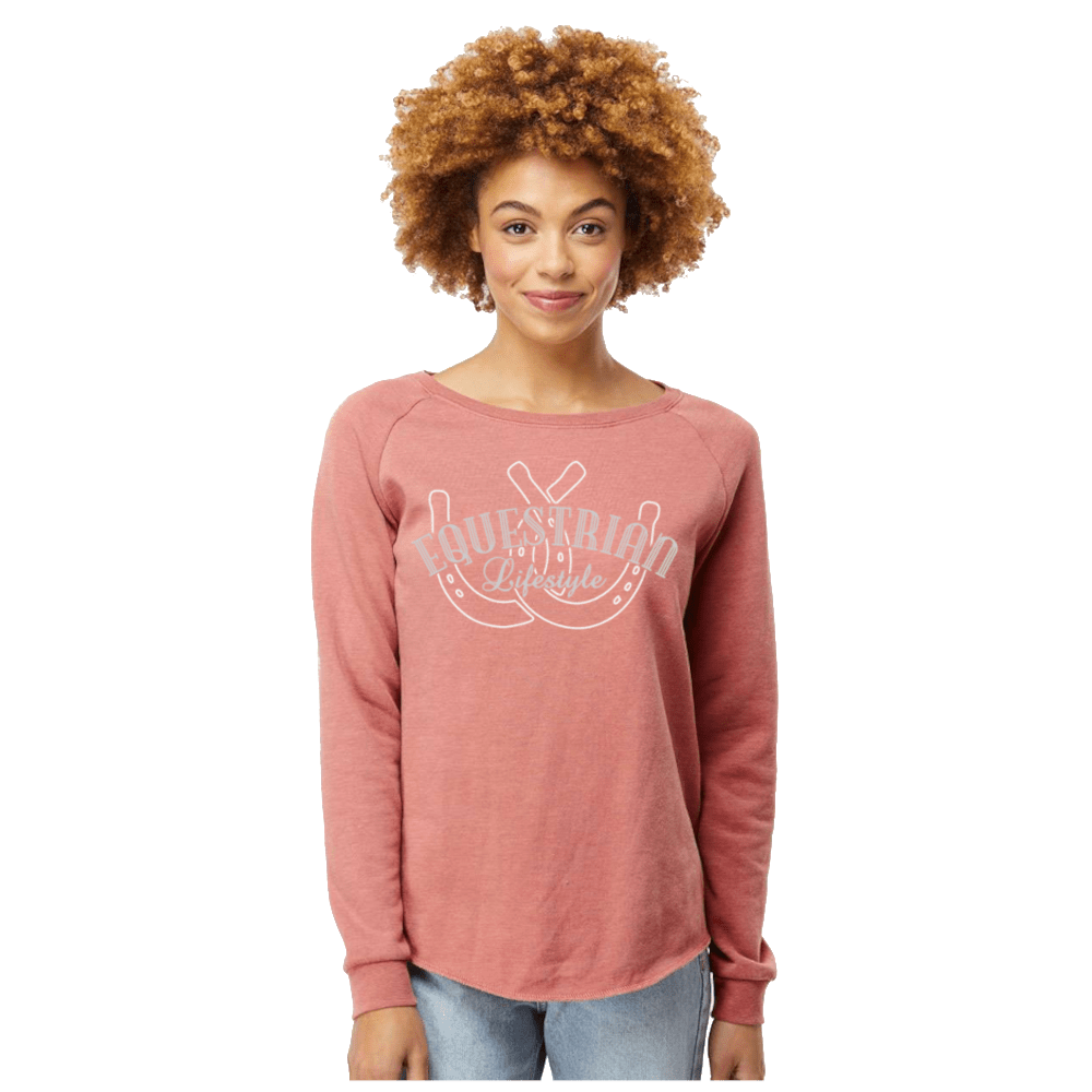 Sweat-shirt ras du cou femme Équestre – Rose poudré California Wave Fer à cheval Phrase