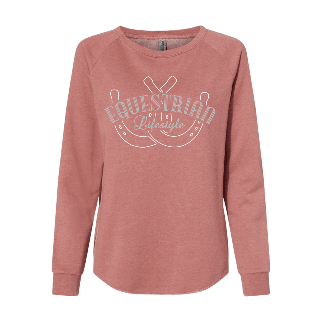 Sweat-shirt ras du cou femme Équestre – Rose poudré California Wave Fer à cheval Phrase