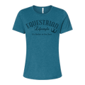 A women's short-sleeve crewneck t-shirt in heathered teal blue, featuring a dark navy graphic print on the front that reads 'EQUESTRIAN Lifestyle It's Better at the Barn' with a horseshoe symbol.
