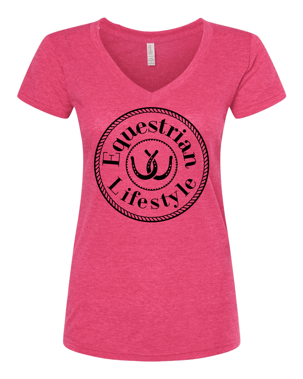 A heather pink women's V-neck t-shirt with a black circular graphic on the chest that reads 'Equestrian Lifestyle' around a horseshoe icon, shown on a plain white background.