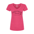 A women's heather pink V-neck t-shirt with a dark pink graphic on the front that reads 'EQUESTRIAN Lifestyle' and 'It's Better at the Barn' with a horseshoe symbol.