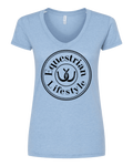 T-shirt à col en V pour femme Équestre – Fer à cheval bleu chiné