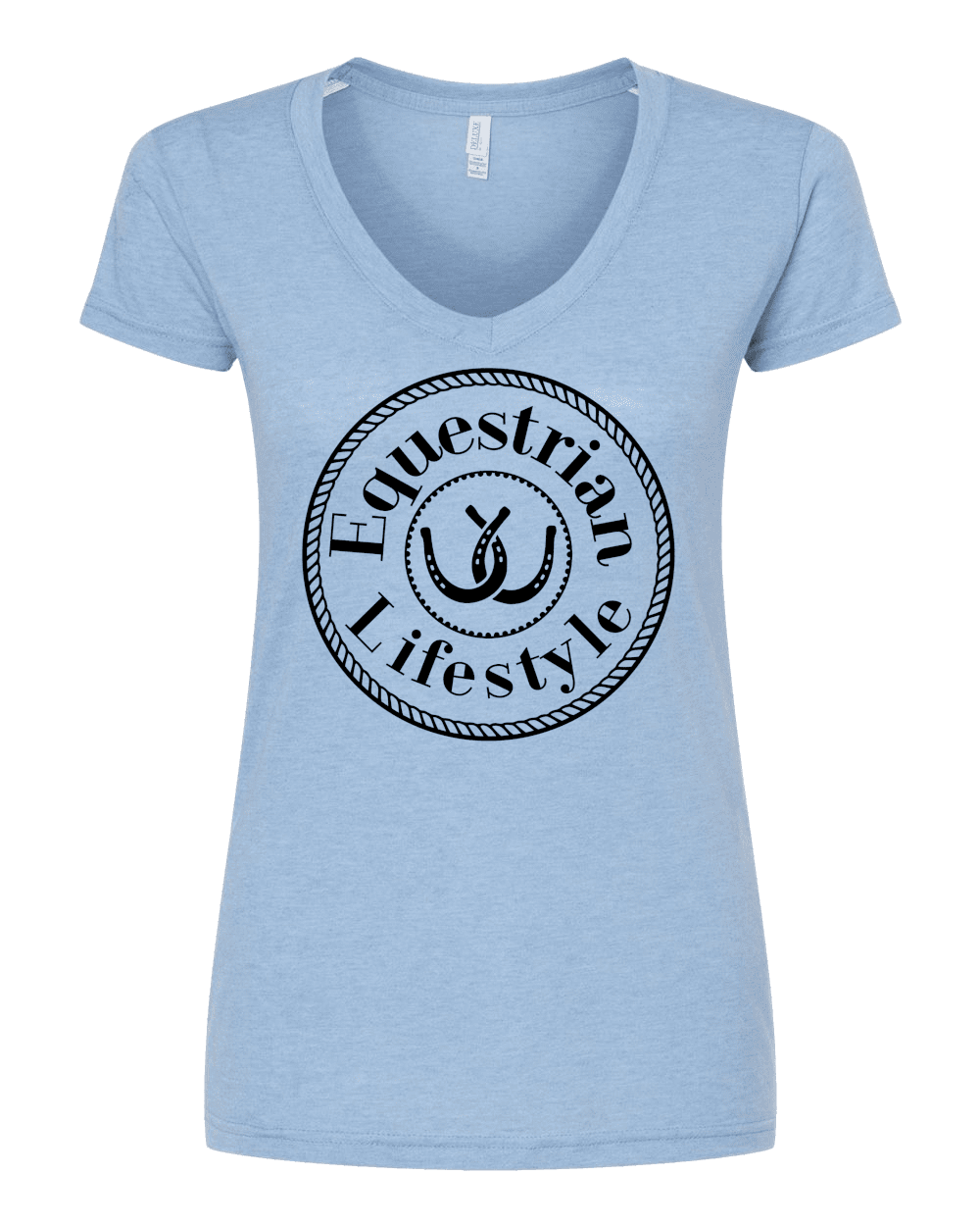T-shirt à col en V pour femme Équestre – Fer à cheval bleu chiné