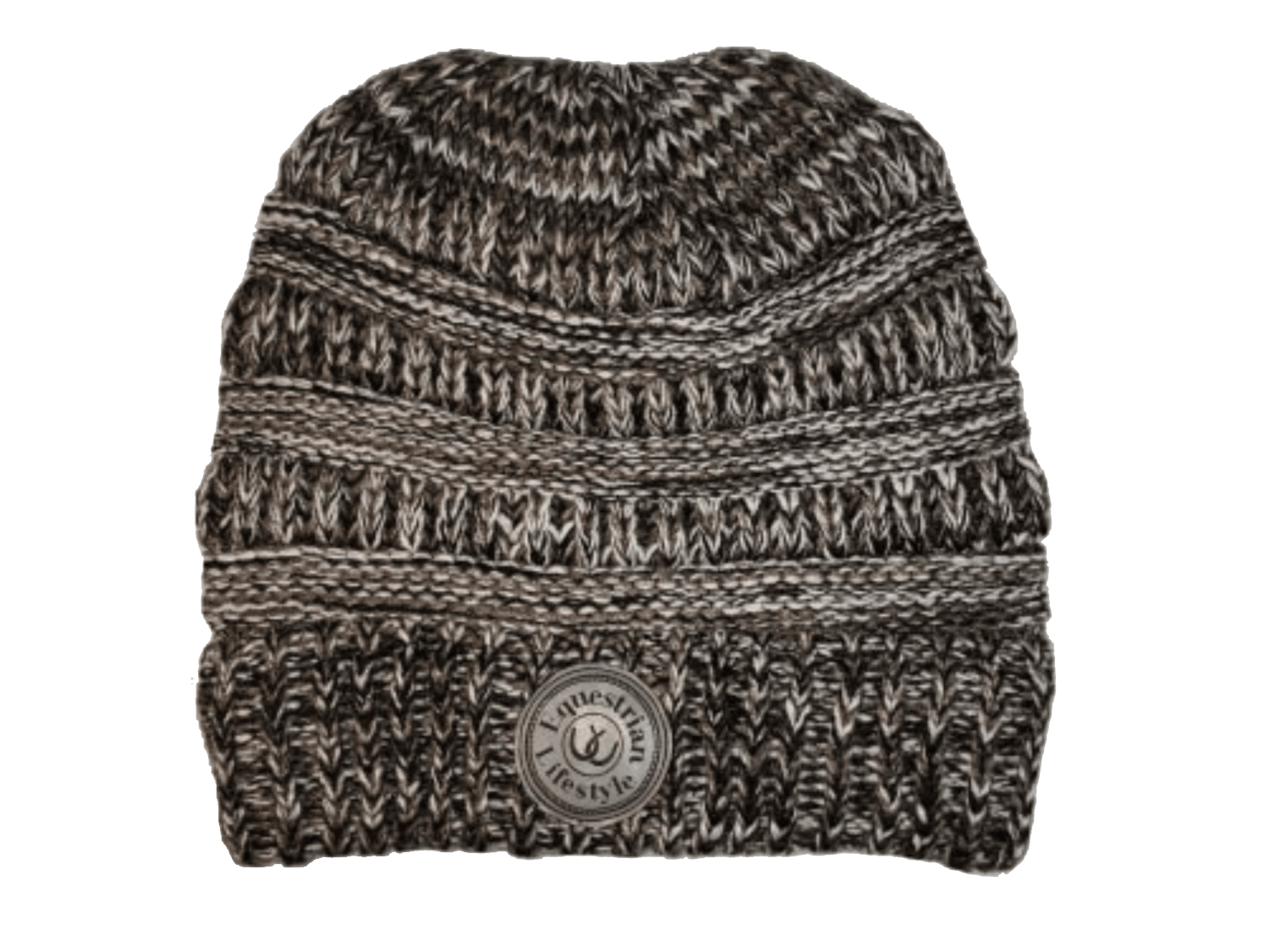 A marled knit beanie hat in black and white, featuring horizontal textured stripes and a circular leatherette equestrian lifestyle brand patch on the front cuff.