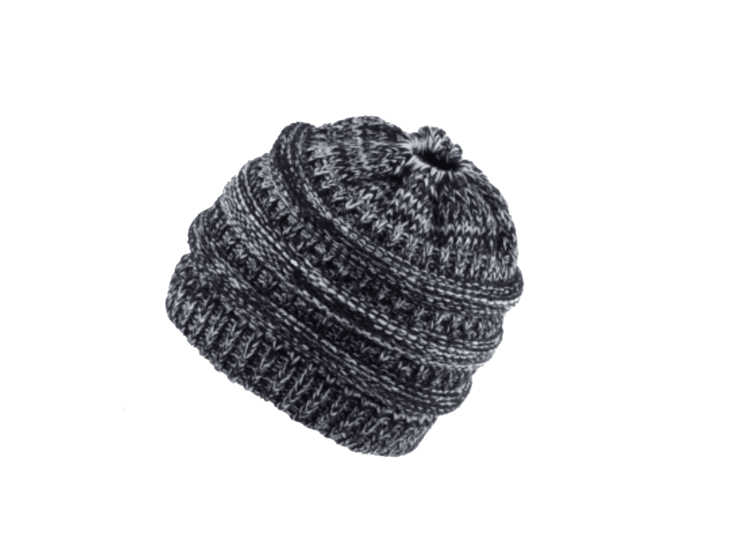 A dark gray and black marled knit beanie hat with a ribbed cuff and a small pony tail opening, shown on a plain white background.