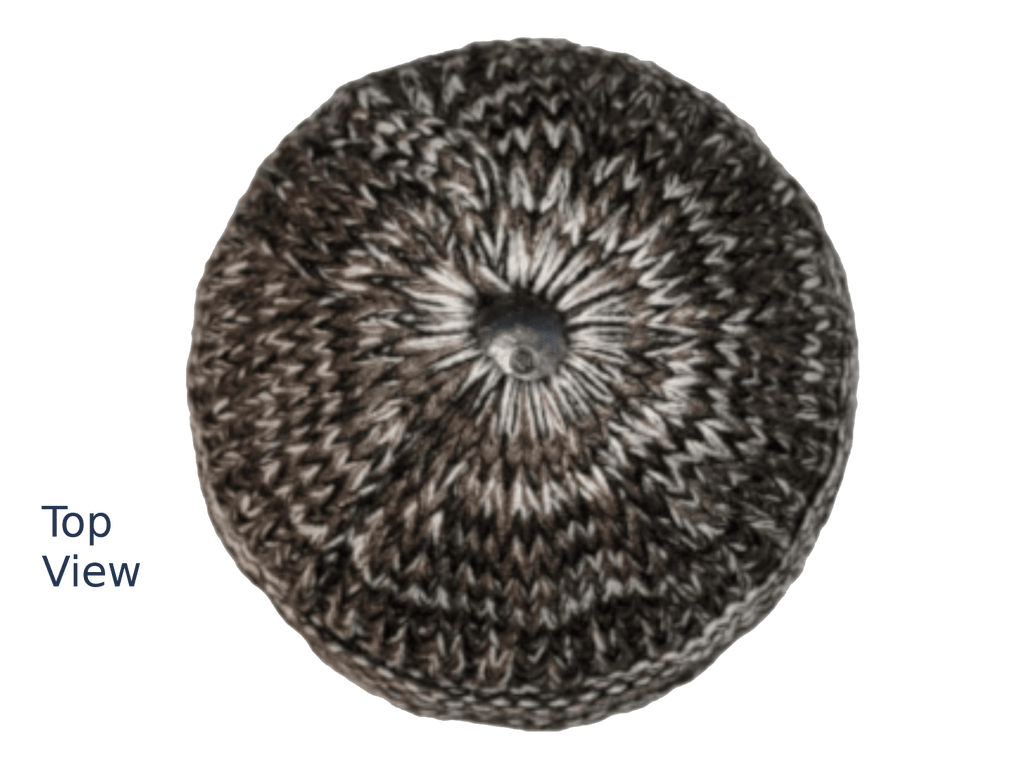 A knitted circular hat shown from a top-down view on a plain white background, with the words 'Top View' printed in blue at the lower left.