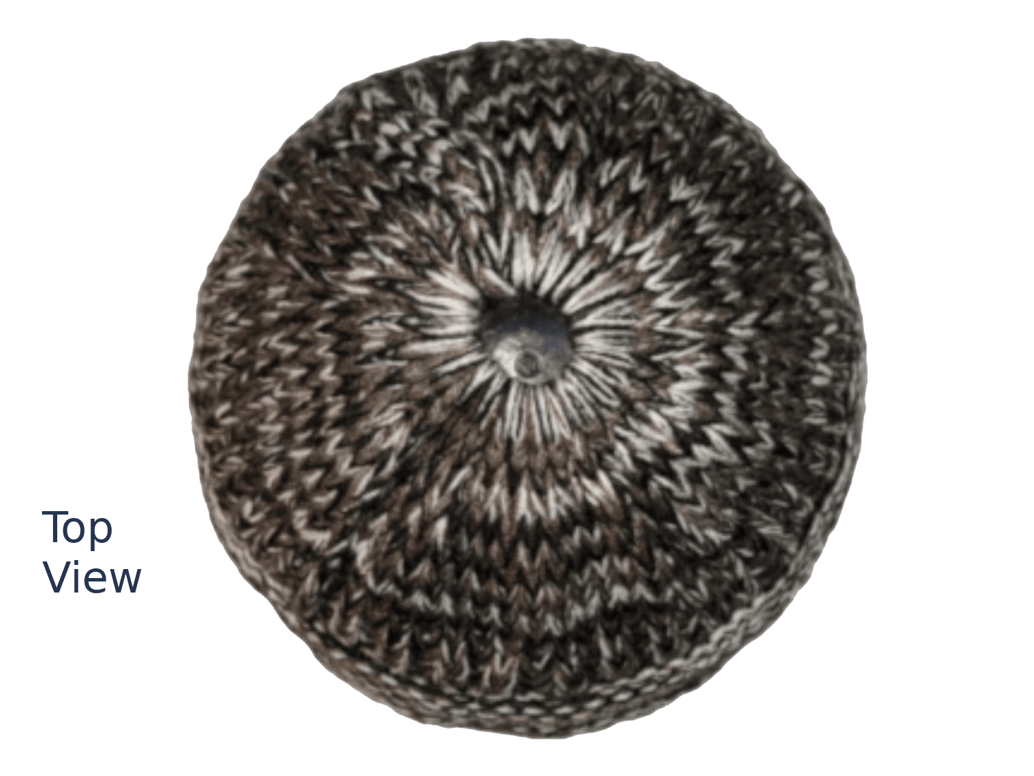 A knitted circular hat shown from a top-down view on a plain white background, with the words 'Top View' printed in blue at the lower left.