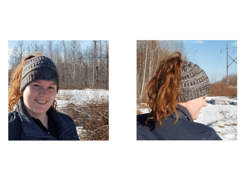 Two outdoor views of a woman wearing a dark gray and black knit beanie with a cable-knit pattern. The left photo shows her smiling from the front, and the right photo shows her from the side/back with her hair in a ponytail, set against a snowy winter landscape.