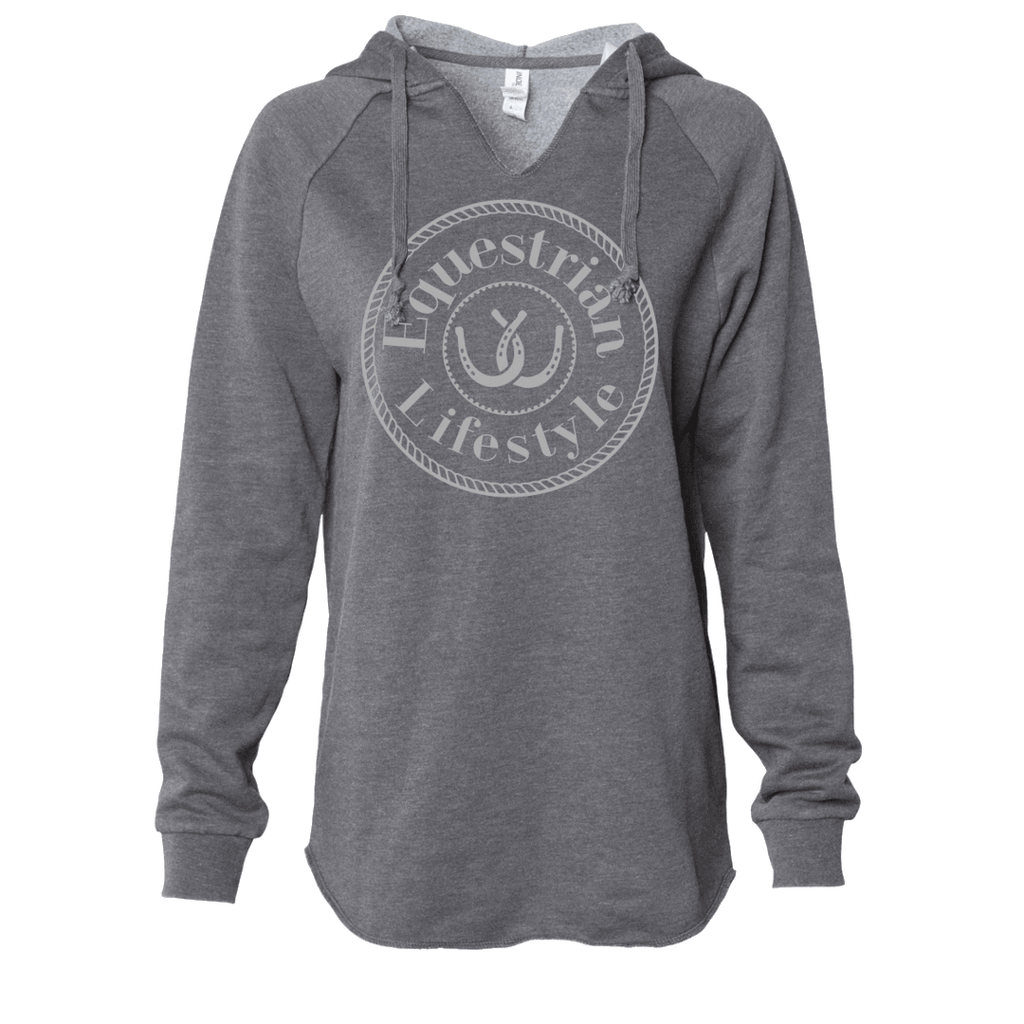 A heather gray long-sleeve hooded sweatshirt with a drawstring hood and a circular 'Equestrian Lifestyle' graphic printed on the chest, shown against a plain white background.