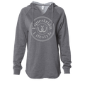 A heather gray long-sleeve hooded sweatshirt with a drawstring hood and a circular 'Equestrian Lifestyle' graphic printed on the chest, shown against a plain white background.