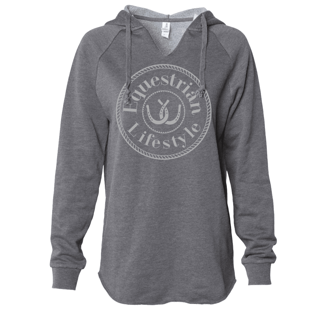 A heather gray long-sleeve hooded sweatshirt with a drawstring hood and a circular 'Equestrian Lifestyle' graphic printed on the chest, shown against a plain white background.