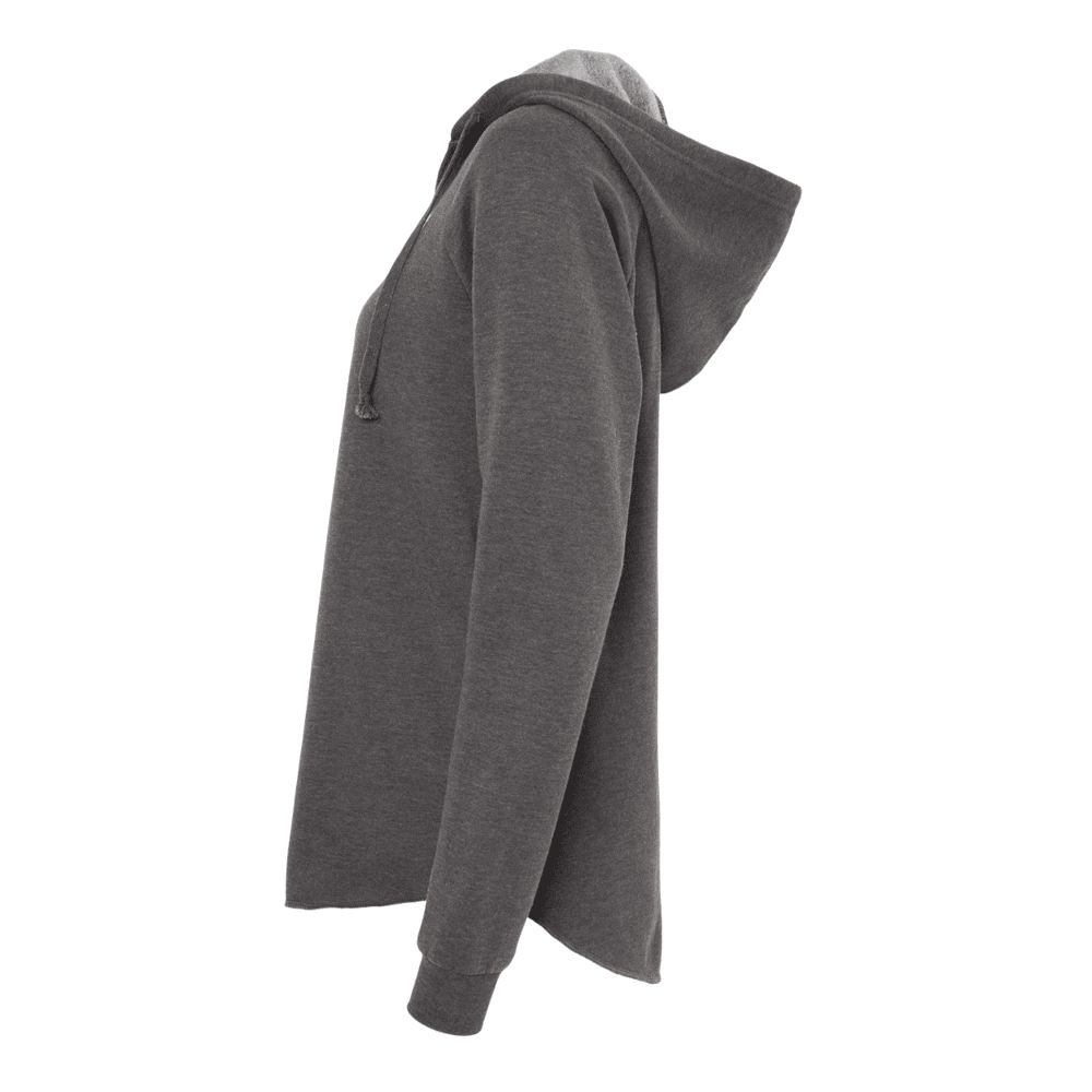A dark gray heathered pullover hoodie shown from a side profile view on a plain white background.