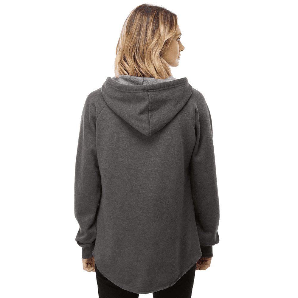 A woman viewed from the back wearing a dark heather gray hooded sweatshirt, shown against a plain white background.